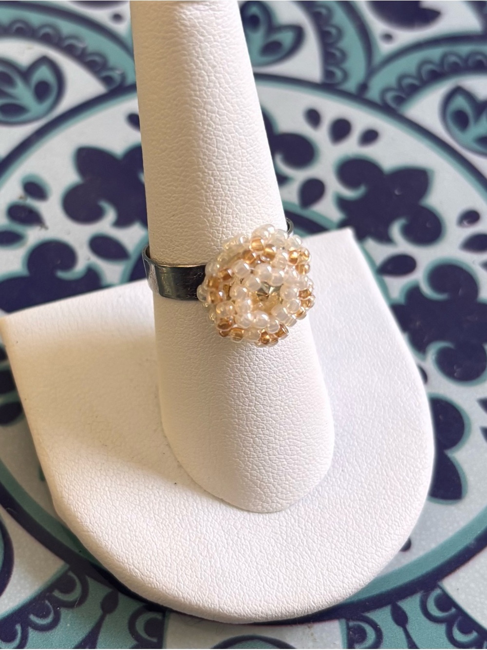 Handmade Beaded Cluster Adjustable Ring Peaches & Cream Boho